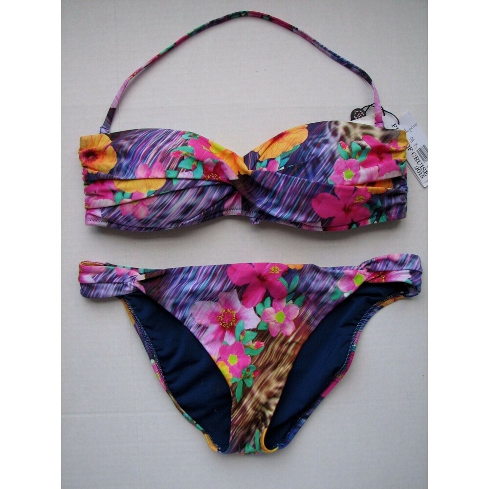 Nanette Lepore Bandeau Bikini Pink Purple Floral 2 Piece Swim Bathing Suit L